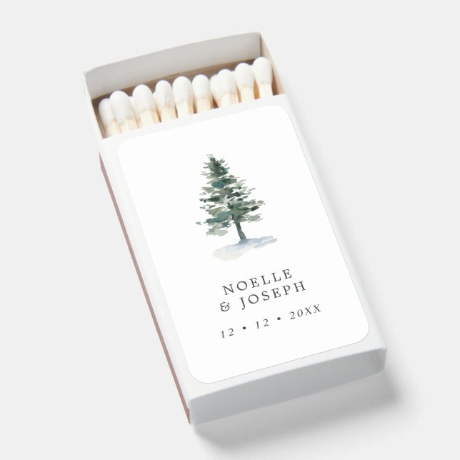 Simple Watercolor Pine Tree Wedding Matchboxes (Front Open)