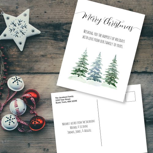 Simple Watercolor Pine Trees Merry Christmas Holiday Postcard