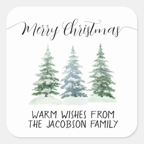 Simple Watercolor Pine Trees Merry Christmas Square Sticker