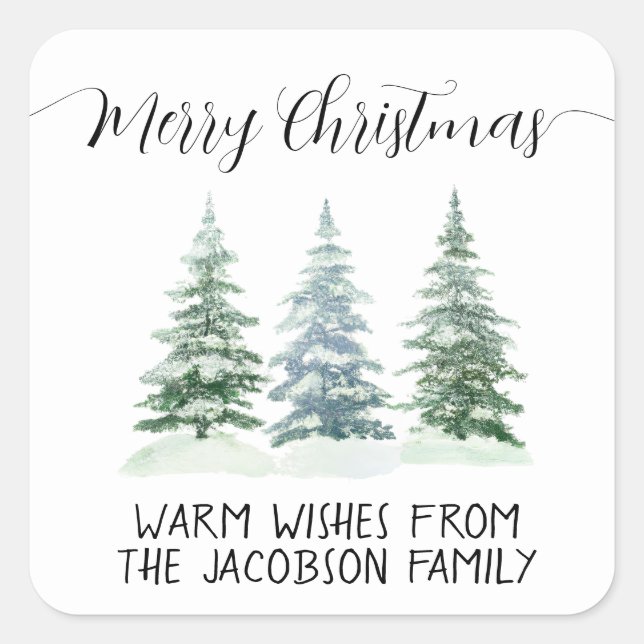 Simple Watercolor Pine Trees Merry Christmas Square Sticker (Front)