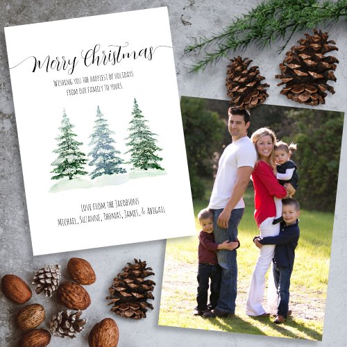 Simple Watercolor Pine Trees Photo on Back Holiday Card