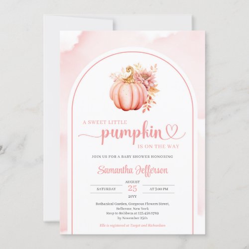 Simple watercolor pink and gold pumpkin boho arch invitation