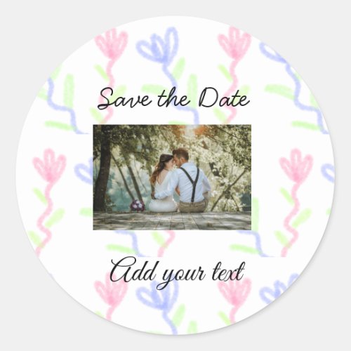 Simple watercolor Pink blue flower save the date Classic Round Sticker