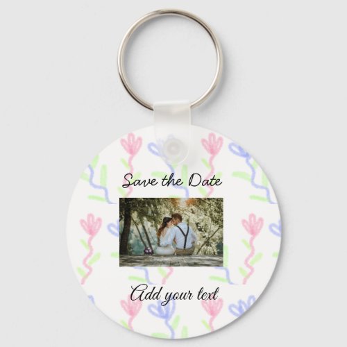 Simple watercolor Pink blue flower save the date  Keychain