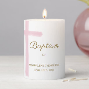 Simple Watercolor Pink Cross Baptism Pillar Candle