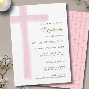 Simple Watercolor Pink Cross Girl Baptism Invitation