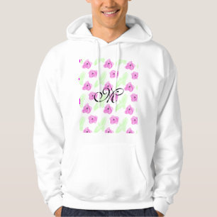 Simple watercolor pink flower green leaf monogram  hoodie