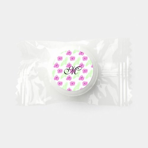 Simple watercolor pink flower green leaf monogram  life saver mints