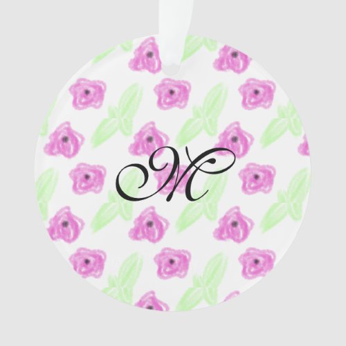 Simple watercolor pink flower green leaf monogram  ornament