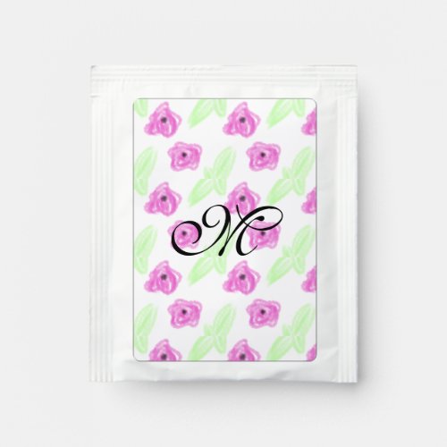 Simple watercolor pink flower green leaf monogram  tea bag drink mix
