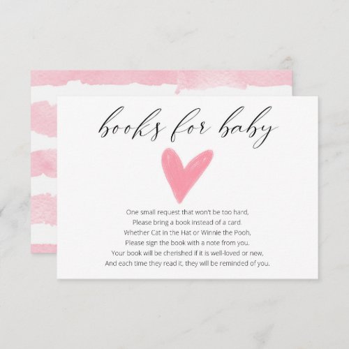 Simple watercolor pink heart books for baby girl enclosure card