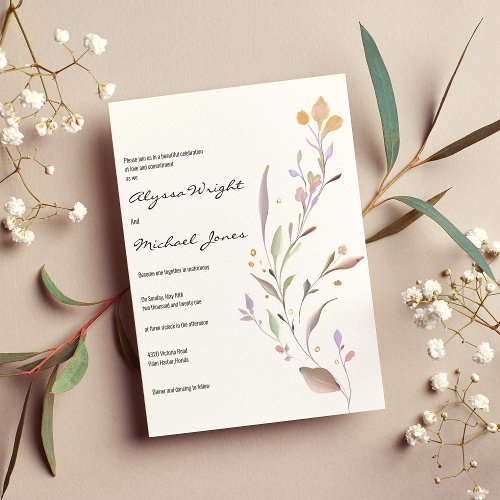 Simple watercolor pink mint lilac leaves Wedding Invitation