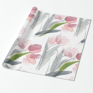 Simple Watercolor Pink Spring Tulips Greenery Wrapping Paper