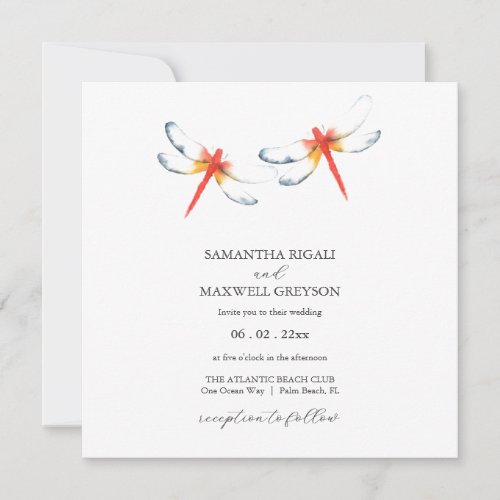 Simple Watercolor Red Dragonfly Wedding Invite