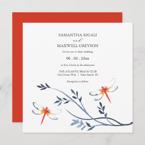 Simple Watercolor Red Dragonfly Wedding Invite