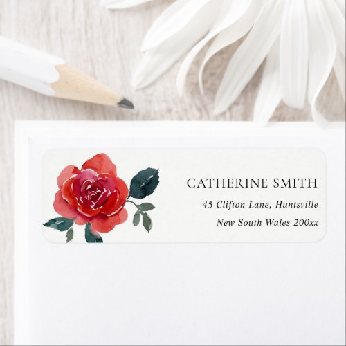SIMPLE WATERCOLOR RED GREEN ROSE FLORAL ADDRESS LABEL