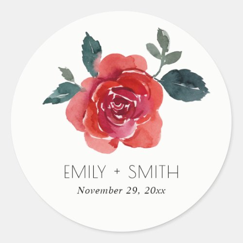 SIMPLE WATERCOLOR RED GREEN ROSE FLORAL WEDDING CLASSIC ROUND STICKER