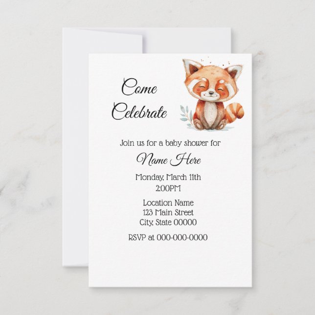 Simple Watercolor Red Panda Baby Shower Invitation (Front)