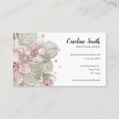 Simple Watercolor Rose  Green Flowers drawing Business Card