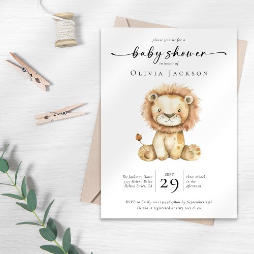 Simple Watercolor Safari Lion Baby Shower  Invitation