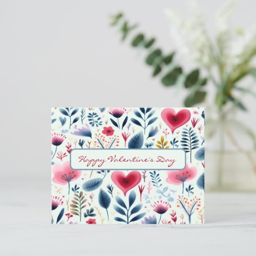 SIMPLE WATERCOLOR SCANDENAVIAN FLORAL AND HEARTS  HOLIDAY POSTCARD