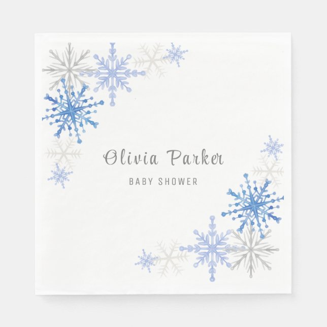 Simple Watercolor Snowflakes Winter Baby Shower Napkins (Front)