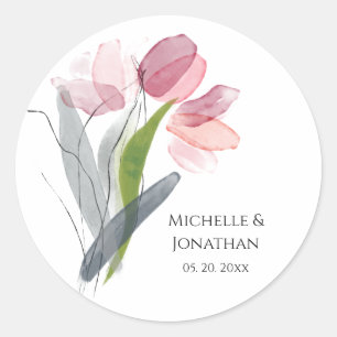 Simple Watercolor Spring Pink Tulips Wedding Classic Round Sticker