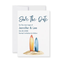 Simple Watercolor Surfboard Save The Date Card