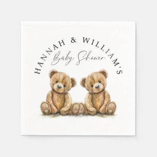Simple Watercolor Teddy Bear Twins Baby Shower Napkins