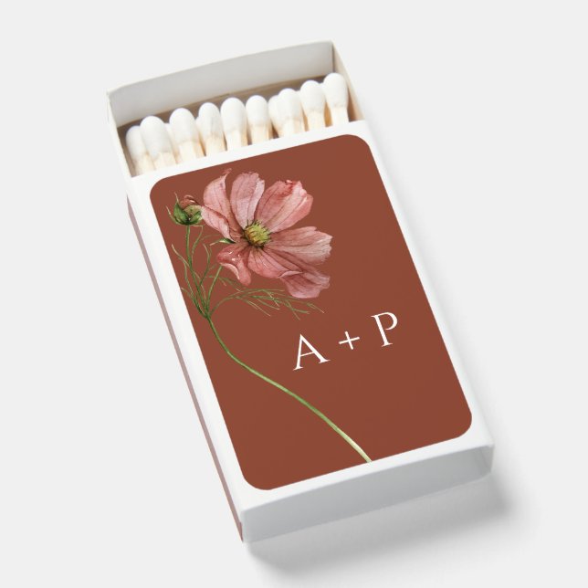 Simple Watercolor Terracotta Floral Wedding  Matchboxes (Front Open)