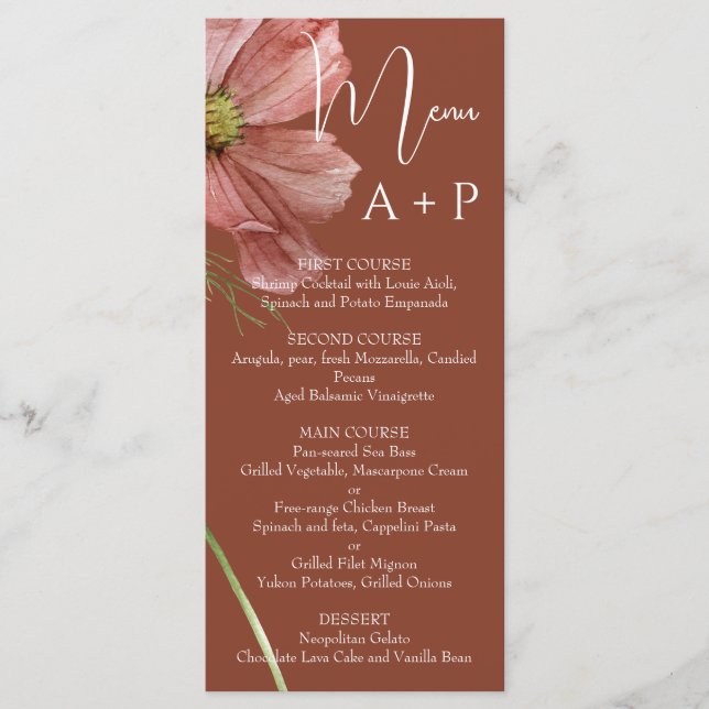 Simple Watercolor Terracotta Floral Wedding  Menu (Front)