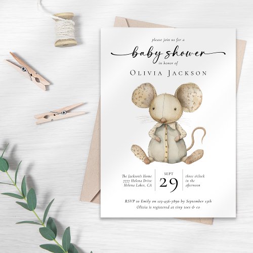 Simple Watercolor Toy Mouse Baby Shower  Invitation