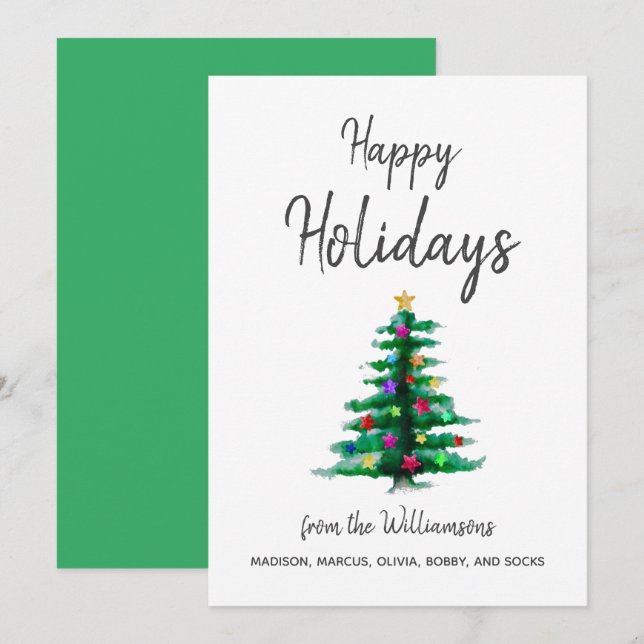 Simple Watercolor Tree Elegant Script Christmas Holiday Card (Front/Back)
