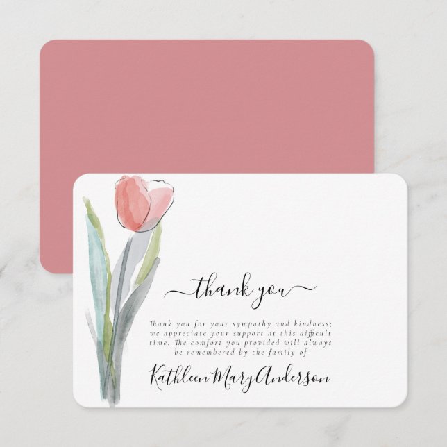 Simple Watercolor Tulip Funeral Memorial Thank You Card (Front/Back)