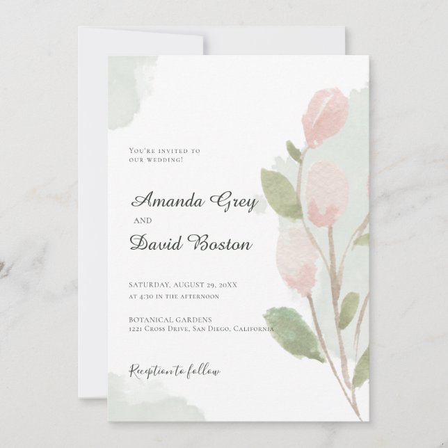 Simple Watercolor Tulip & Leaves Wedding Invitation (Front)
