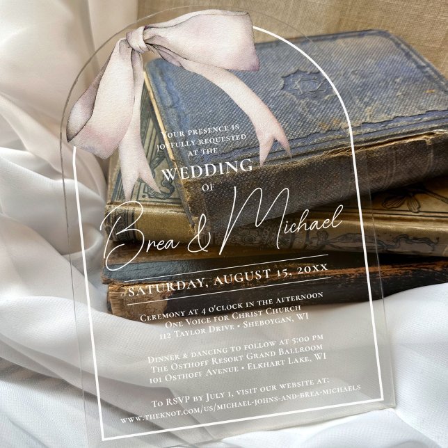 Simple Watercolor White Bow Elegant Arch Wedding Acrylic Invitations (Vintage watercolor white bow simple elegant script typography arch acrylic unique wedding invitation)