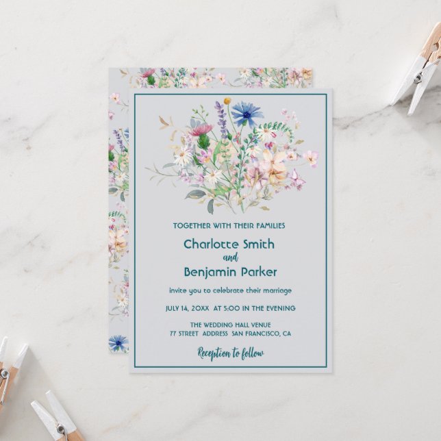 Simple Watercolor wildflower bouquet flora wedding Invitation (Front/Back In Situ)