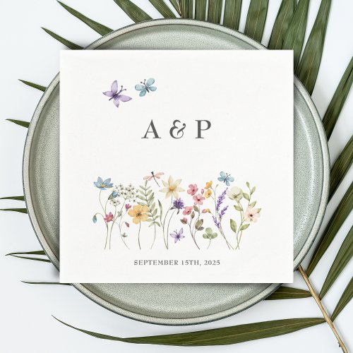 Simple Watercolor Wildflowers Monogram Wedding Napkins