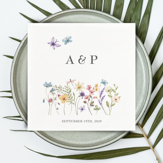Simple Watercolor Wildflowers Monogram Wedding Napkins (Creator Uploaded)