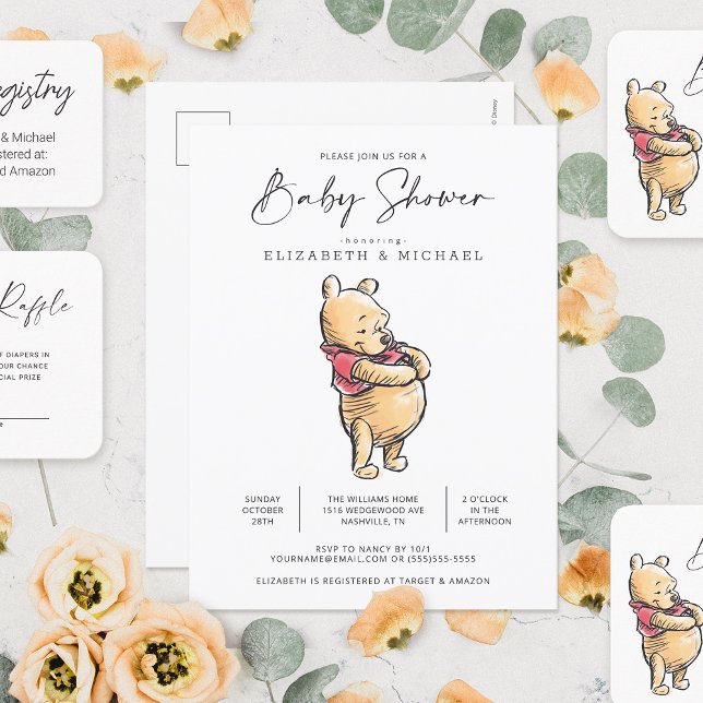 Simple Watercolor Winnie the Pooh Baby Shower Postcard (Postcard on table)