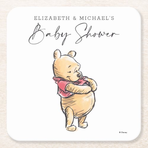 Simple Watercolor Winnie the Pooh Baby Shower Square Paper Coaster