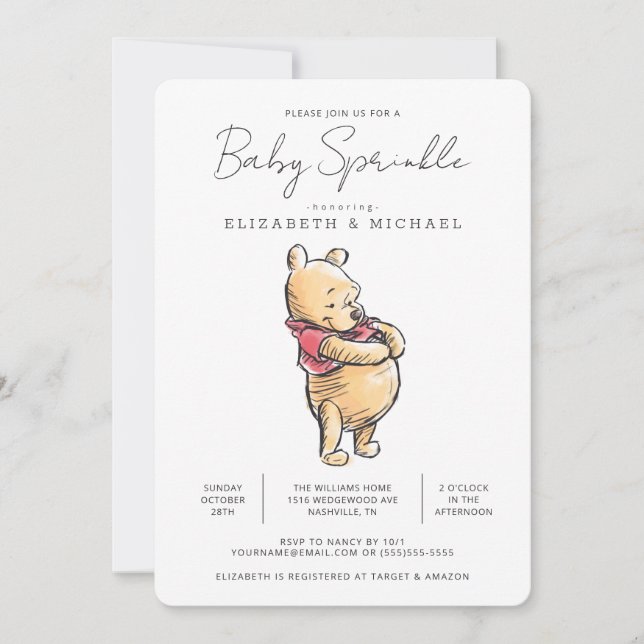 Simple Watercolor Winnie the Pooh Baby Sprinkle Invitation (Front)