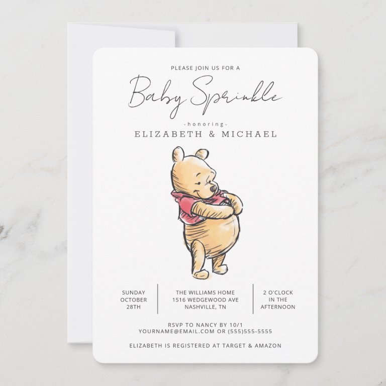 Simple Watercolor Winnie the Pooh Baby Sprinkle Invitation