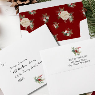 Simple Watercolor Winter Flowers Red Holiday Envelope