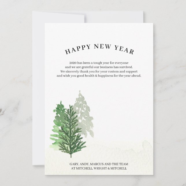 Simple Watercolor Winter Forest Happy New Year Holiday Card (Front)
