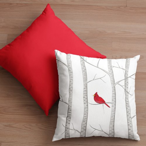 Simple Watercolor Woodland Red Cardinal Birch Tree Throw Pillow