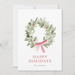 Simple Watercolor Wreath & Bow No Photo Holiday Card