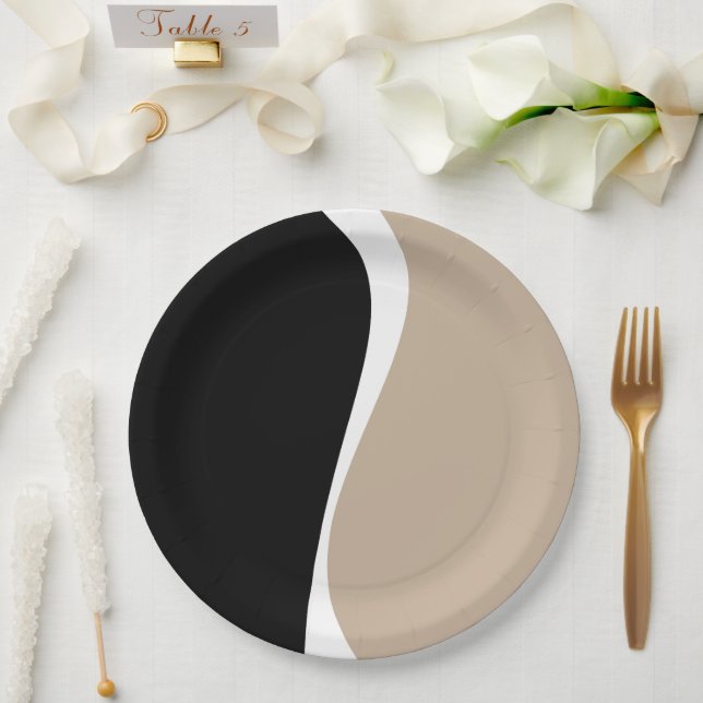 Simple Waves 2 - Taupe, Black and White Paper Plates (Wedding)