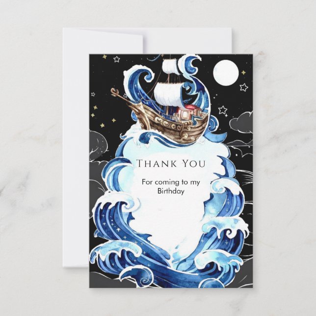 Simple Waves Ahoy Pirate Birthday Thank You Card (Front)