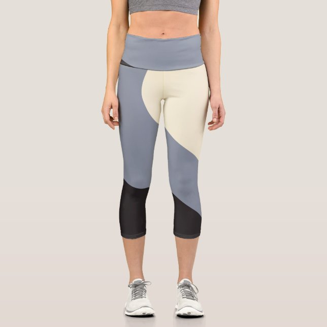 Simple Waves - Black, Gray and Cream Capri Leggings (Front)